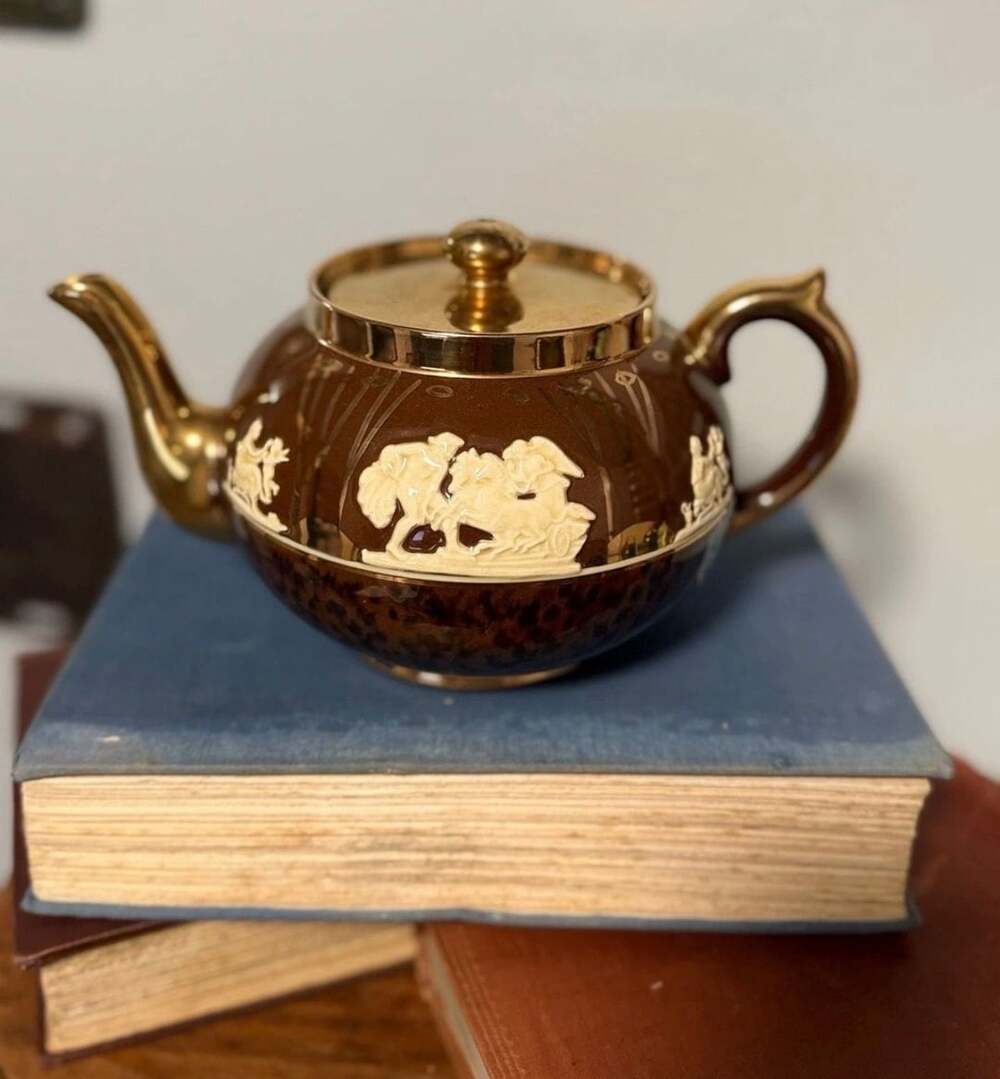 Gibsons Staffordshire England Vintage Ceramic Teapot Brown Gold Relief